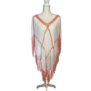 Beach by Exist White Coral Crochet Fringe Poncho Kaftan Cover Up Top Size S/M